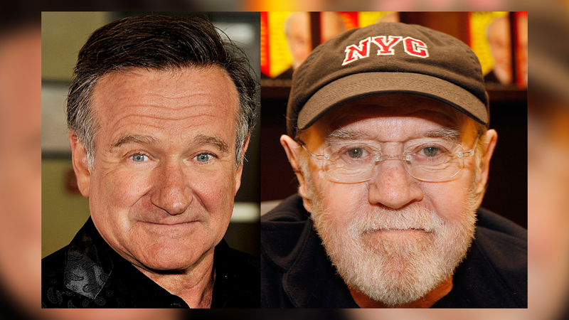 Portrait-style photos of Robin Williams (L) and George Carlin (R) photographed in 2009 and 2007, respectively.
