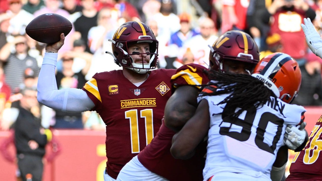  Wentz throws 3 picks in loss to Browns, Commanders eliminated from playoff contention