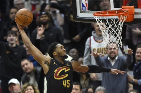 Cleveland Cavaliers guard Donovan Mitchell (45) drives to the basket in the third quarter against the Los Angeles Lakers at Rocket Mortgage FieldHouse.