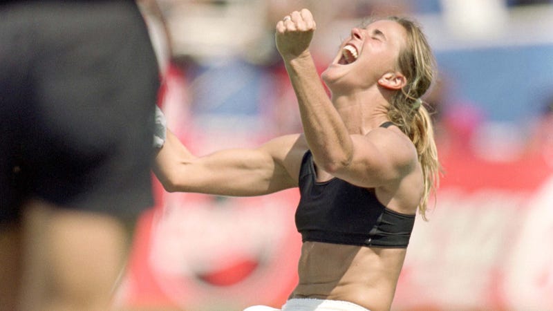 Brandi Chastain of Team USA celebrates her game-winning goal in the 1999 World Cup Finals.