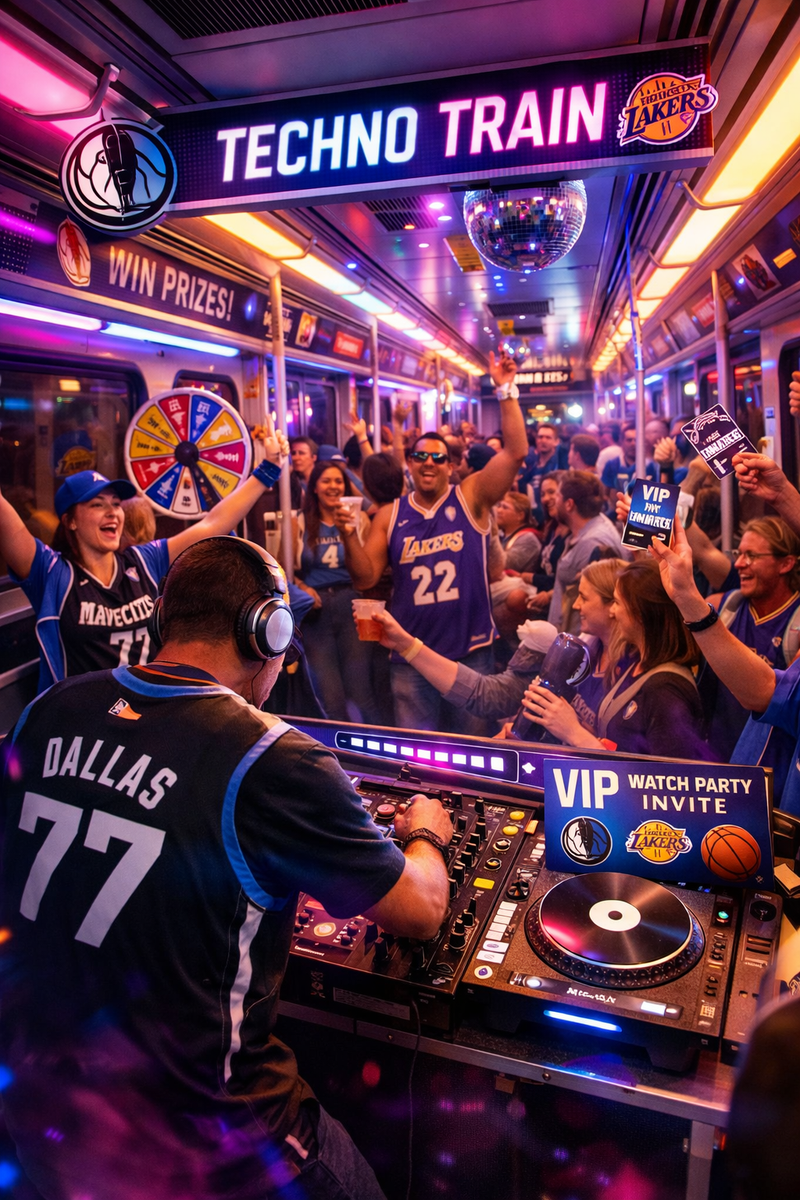 Dallas Area Rapid Transit is rolling out a new Techno Train experience on Saturday, Jan. 24, with onboard DJs, games and prizes for riders heading to the Mavericks-Lakers game. 