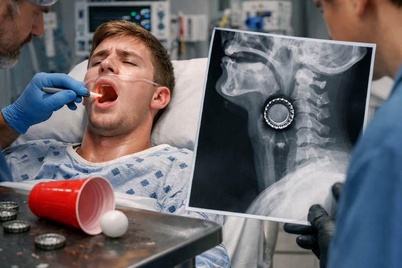 The young man was brought to the hospital with acute throat pain, difficulty swallowing, and abnormal breathing after a round of beer pong. A physical exam revealed inflammation at the back of his throat, and an X-ray confirmed the alarming find: a bottle cap lodged in his upper esophagus.