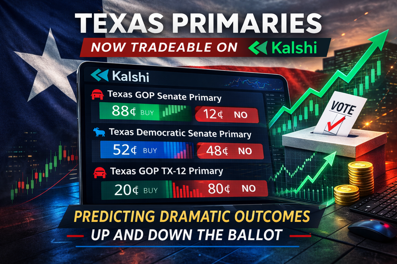 With polls open across Texas today until 7 p.m., prediction market platform Kalshi has turned the state's most competitive primaries into live, tradeable contracts — and traders are projecting dramatic outcomes up and down the ballot.