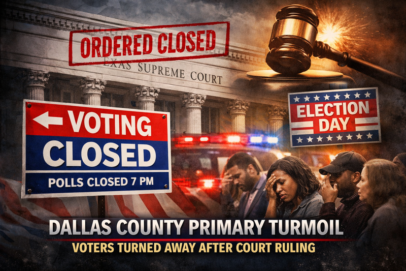 Dallas County's Democratic primary was thrown into legal chaos Tuesday night after the Texas Supreme Court stepped in to block an extension of polling hours, meaning hundreds of voters who arrived at polling locations after 7 p.m. may not have their ballots counted.