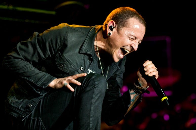 Singer Chester Bennington of Linkin Park performs onstage during Rock in Rio USA at the MGM Resorts Festival Grounds on May 8, 2015