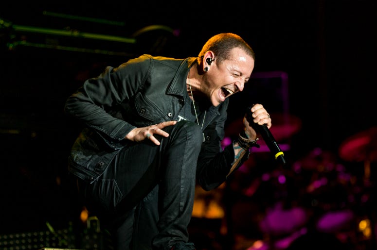  Chester Bennington of Linkin Park performs onstage during Rock in Rio USA