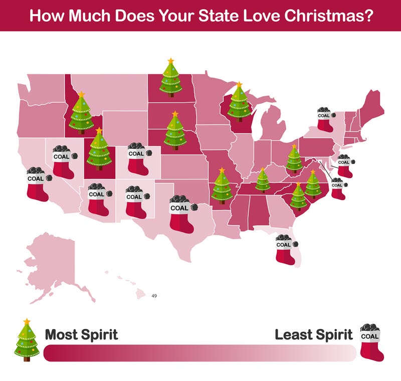 GetCenturyLink map of most and least festive states in 2020