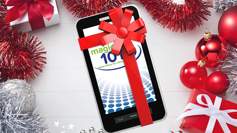 Magic 101.9 logo on gift wrapped phone