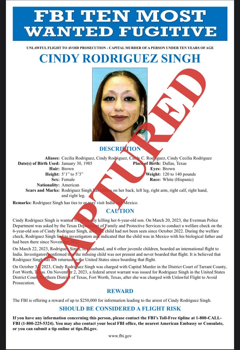 FBI Captured Poster of Cindy Rodriguez Singh