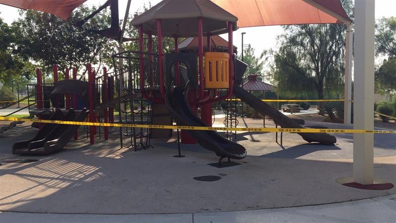 Police tape roping off damage done to Cinnamon Ridge Park on 8/6/21