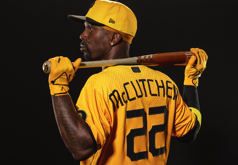 Andrew McCutchen wearing the Pirates Nike City Connect jersey