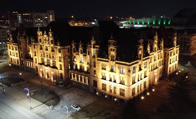 St. Louis City Hall is lit at dusk in downtown St. Louis on Wednesday, March 2, 2022.