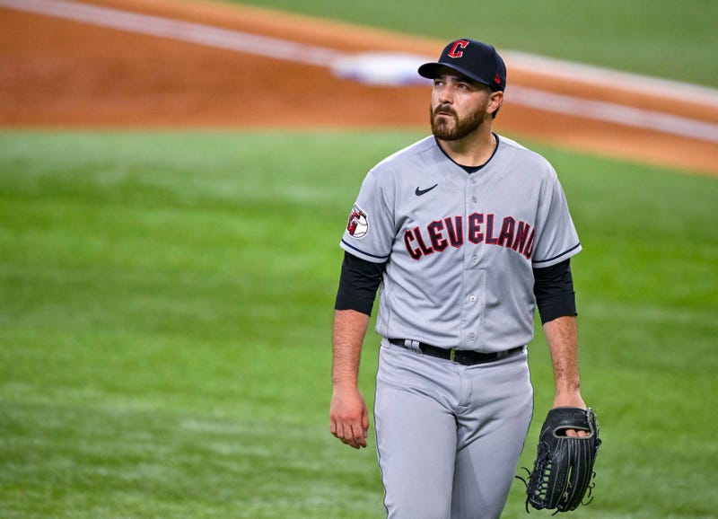 Sep 25, 2022; Arlington, Texas, USA; Cleveland Guardians starting pitcher Aaron Civale (43) walks off the field after he pitches against the Texas Rangers during the second inning at Globe Life Field.
