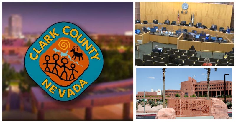 The Clark County Government Center with a meeting of the Clark County Commission and Clark County government seal
