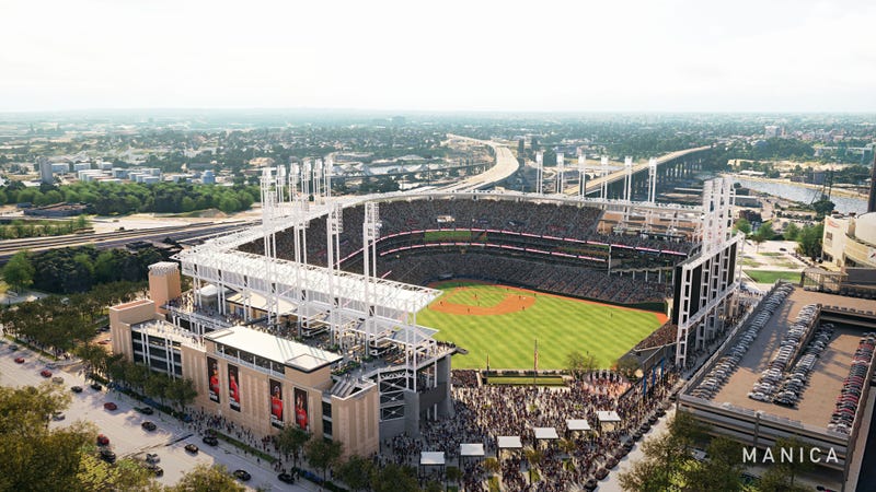 An artist's rendering of a newly renovated Progressive Field, slated to be completed by opening day 2025, looking into the ballpark from center field.