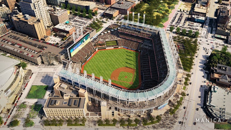 An artist's rendering of an overhead view of a newly renovated Progressive Field, slated to be completed by opening day 2025. 