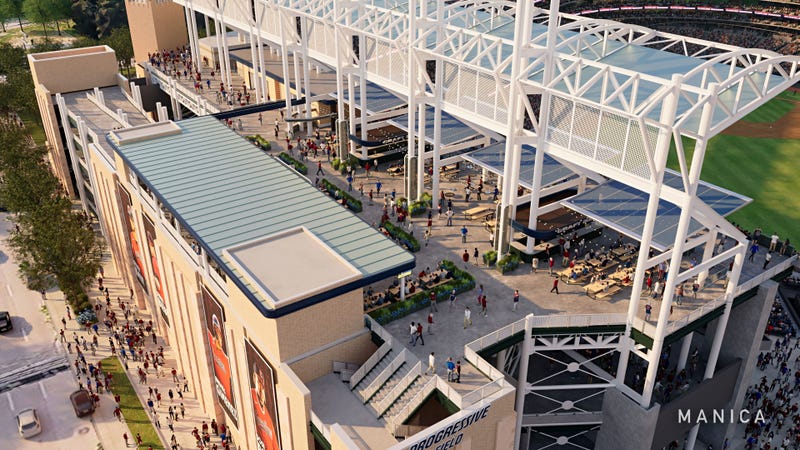 An artist's rendering of the right field upper deck concourse following the proposed renovations to Progressive Field. 