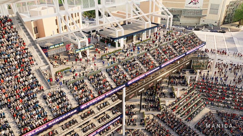 An artist's rendering of the new beer garden and gathering space to be added in the upper deck down the left field line above the Terrace Club. 