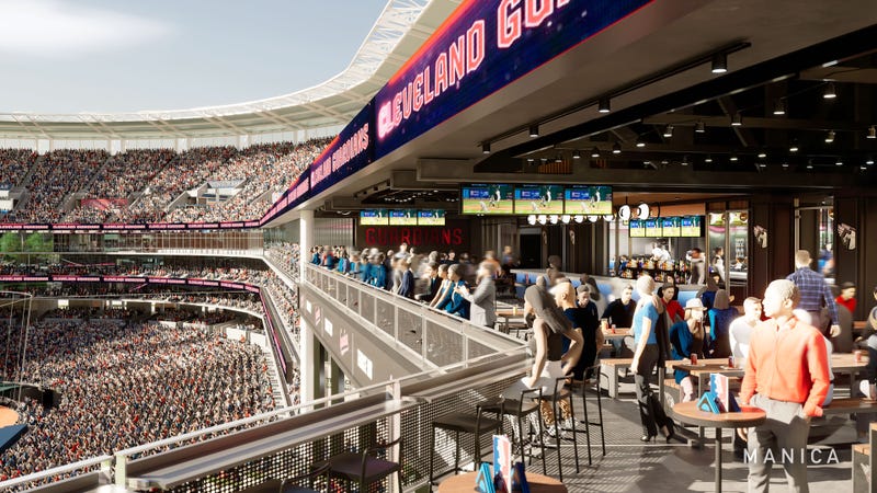 An artist's rendering of the view from the top level of the reimagined Terrace Club looking down the left field line as part of the renovations to Progressive Field. 