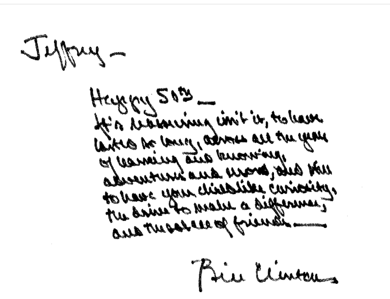 A message that a birthday book assembled for Jeffrey Epstein claims is from former President Bill Clinton. 