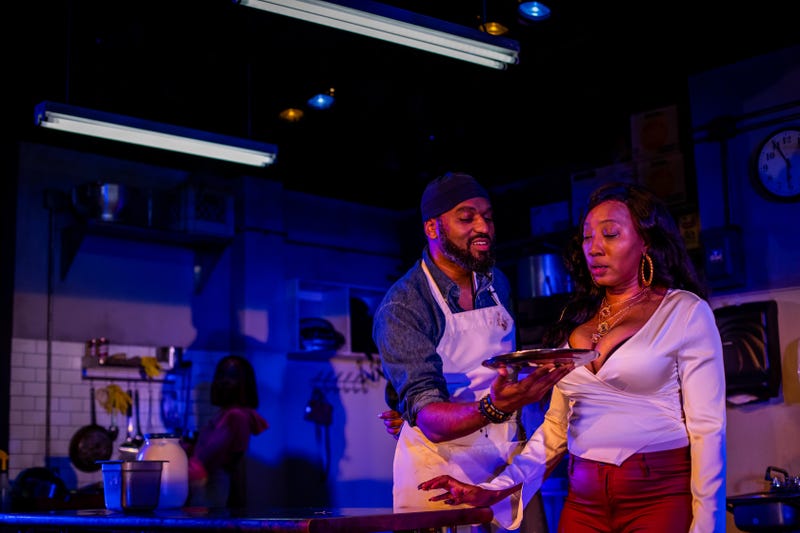 Walter DeShields (Montrellous, left) and Tiffany Barrett (Clyde, right) in Arden Theatre Company’s 2023 production of Clyde's.