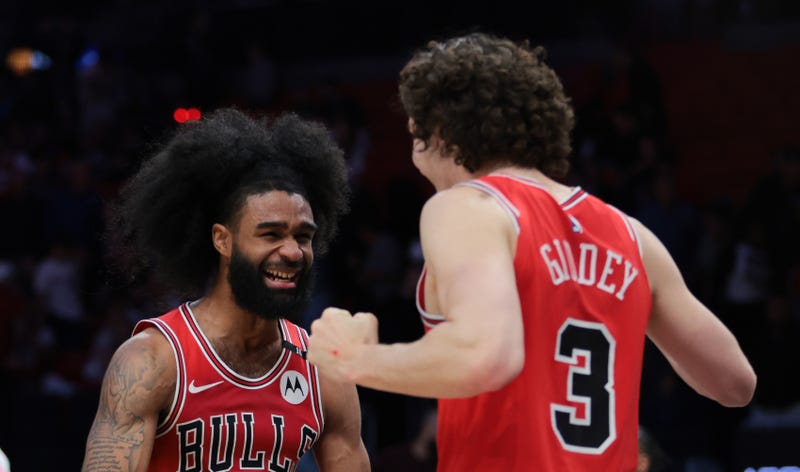Bulls guard Coby White, left, and guard Josh Giddey celebrate.