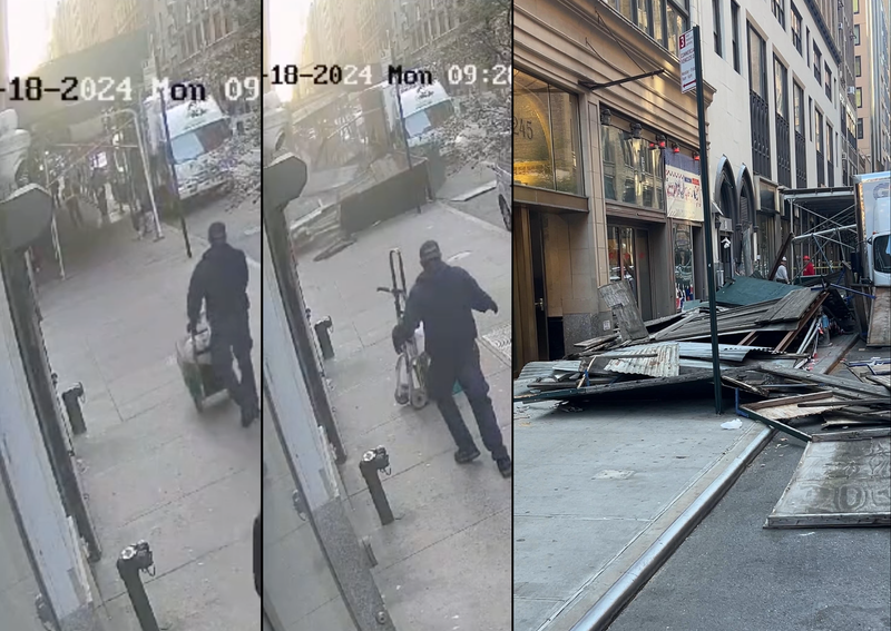 Surveillance video shows the moment a sidewalk shed collapsed in Chelsea, leaving a 40-foot-long debris field