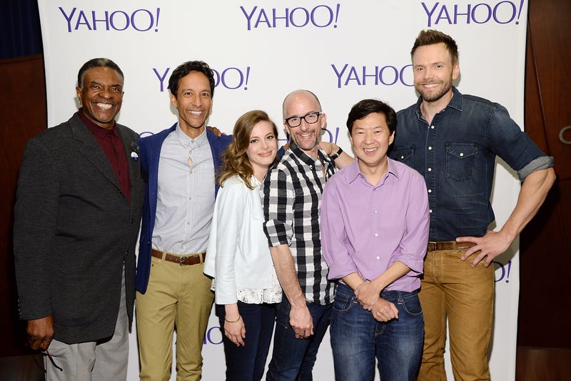  (L-R) Actors Keith David, Danny Pudi, Gillian Jacobs, Jim Rash, Ken Jeong, and Joel McHale attend the LA Times Envelope Emmy event for "Community" on Yahoo Screen at ArcLight Sherman Oaks on June 2, 2015 in Sherman Oaks, California. 
