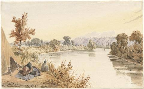 An interpretation of the confluence of the St. Peter's (now the Minnesota River) and Mississippi Rivers, or the area of Bdote, painted by Seth Eastman in 1848.