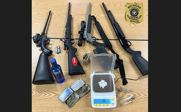 Michigan DNR conservation officers arrested two people who were driving through the Pigeon River Country State Forest in Otsego County with loaded firearms and drugs. Officers found three rifles, one shotgun, rifle rounds, spent rifle casings, alcohol, several containers of meth, marijuana and evidence of drug use.