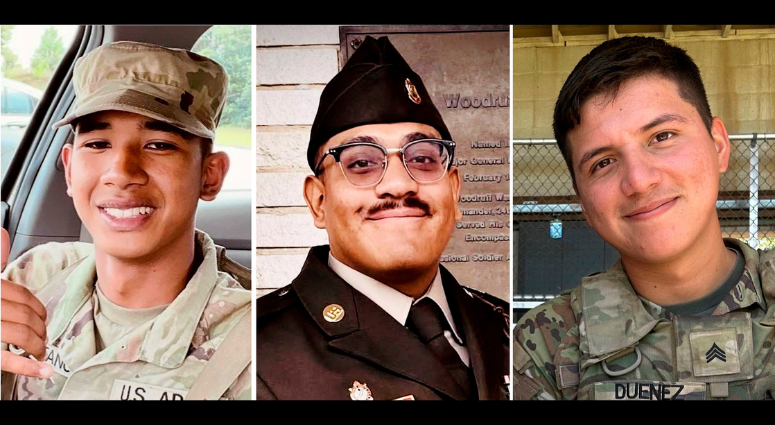 This combination of images shows from left, Army Pfc. Dante D. Taitano, 21, of Dededo, Guam, Sgt. Edvin F. Franco, 25, of Glendale, Calif., and Sgt. Jose Duenez Jr., 25, of Joliet, Ill., three of the four soldiers who were killed in a training accident near Pabradė, Lithuania, in March 2025