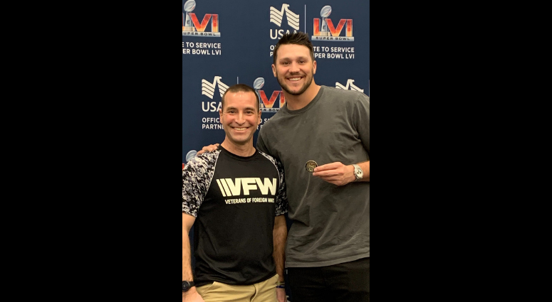 Army Veteran Cory Geisler attends Super Bowl LVI and has the opportunity to meet Buffalo Bills quarterback Josh Allen among other NFL players.