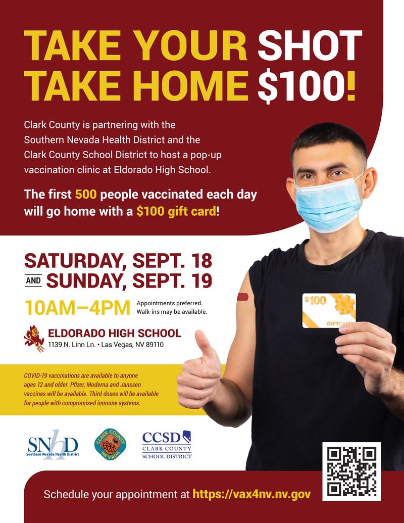 An advertisement for a "gift cards for vaccinations" promotion in Clark County