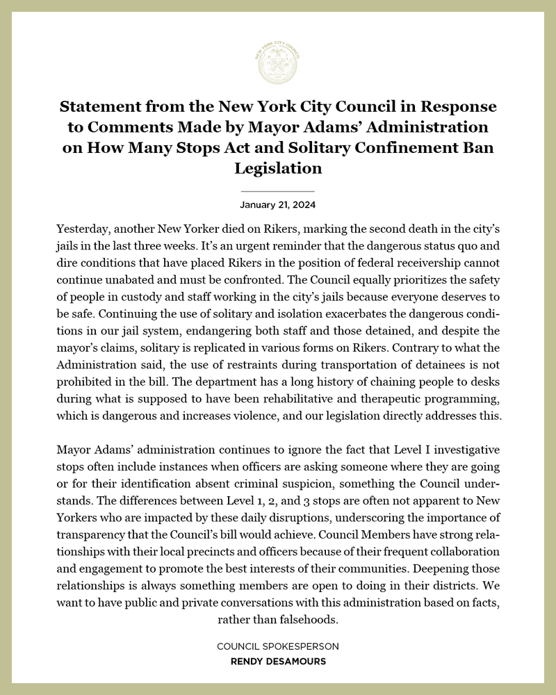 Statement in response to City Hall's press briefing Sunday on public safety.
