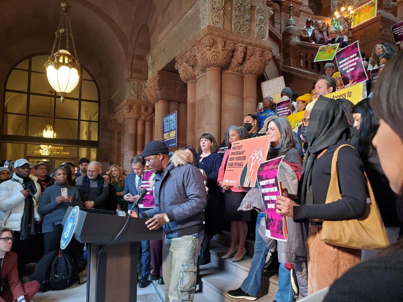 A group of New Yorkers marched in Albany to call on legislators to pass bills protecting immigrants in New York on Jan. 8, 2025. 