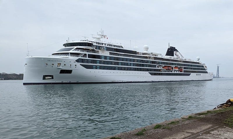 The 665-foot cruise ship named Viking Octantis, the most modern and biggest ship sailing on the Great Lakes, arrived at the Port of Detroit Tuesday morning in its maiden voyage.