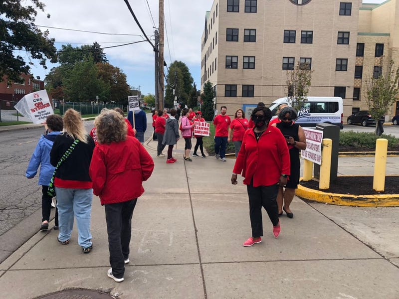 Assembly Majority Leader Crystal Peoples-Stokes joins CWA union members in a picket around Mercy Hospital. October 6, 2021
