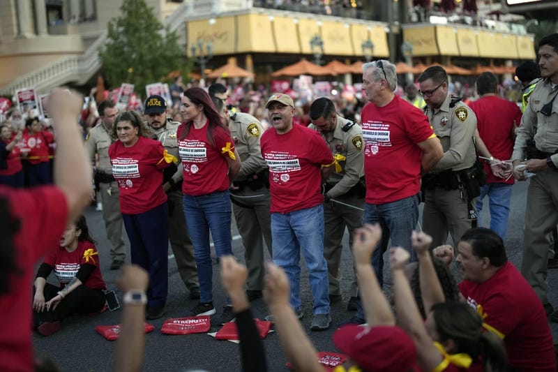Members of the Culinary Union protest on the Las Vegas Strip