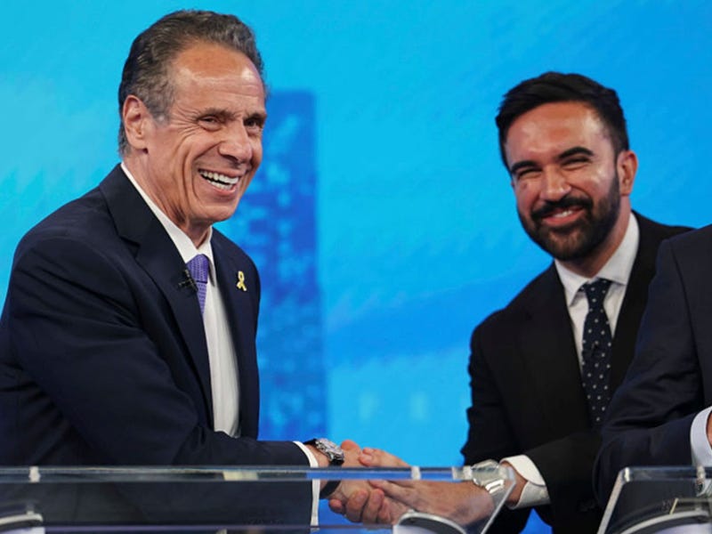 Democratic mayoral candidates Andrew Cuomo, left, shakes hands with Zohran Mamdani, right, after participating in the New York City Democratic Mayoral Primary Debate at NBC Studios on June 4, 2025.