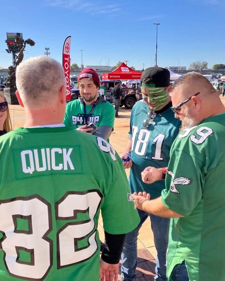 Coop with Philadelphia Eagles fans before the Eagles vs. Steelers game