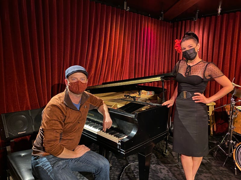 Jay Bordeleau, owner of Mr. Tipple's Jazz Recording Studio, and Emily Day, lead singer of the Cosmo Alleycats, are hoping live music can still thrive under the Bay Area's new COVID-19 mask mandate. 