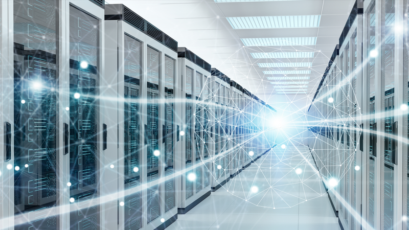 Server room center exchanging cyber datas and connections 3D rendering 