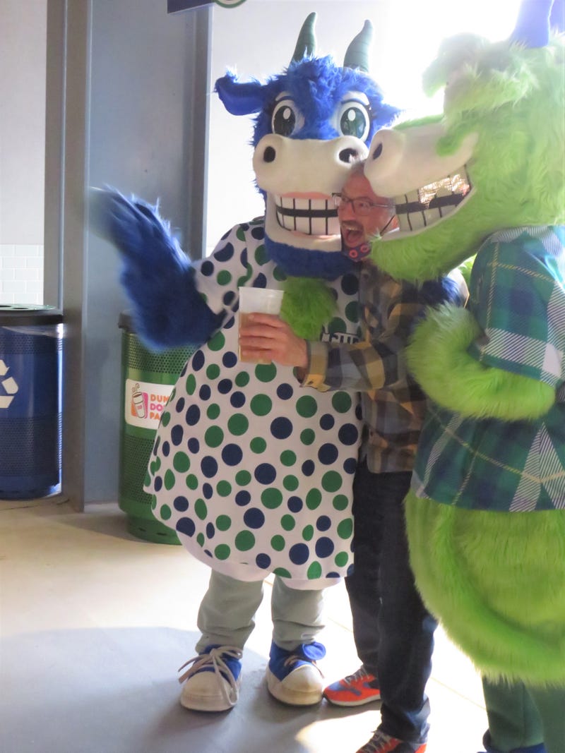 Mascot photos aren't just for the kids, Dunkin' Donuts Park, 5/11/21.