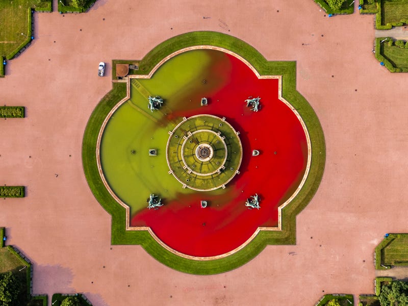 An image taken from a drone shows Buckingham Fountain on June 22, 2024, after demonstrators protesting the Israel-Hamas war vandalized the fountain and dyed its waters red.