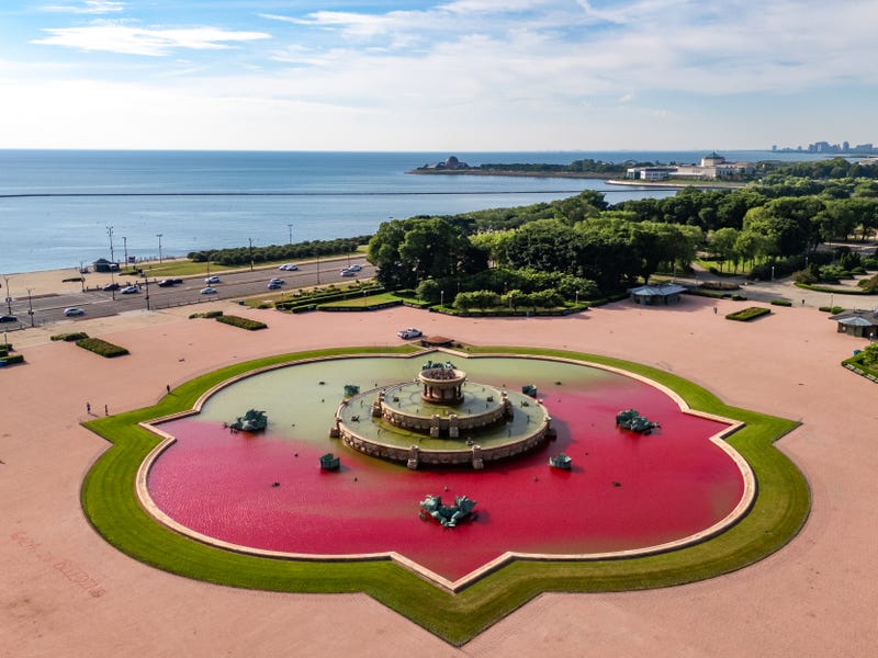 Vandals dyed Chicago's Buckingham Fountain red sometime between Friday night and Saturday morning, according to the Chicago Park District.