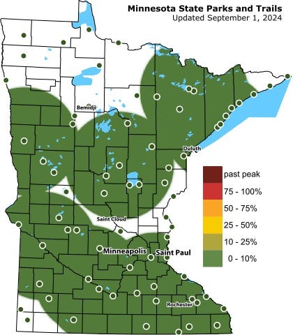 The current DNR map shows that the leaves haven't changed much at all across the state yet. But that won't last long. 