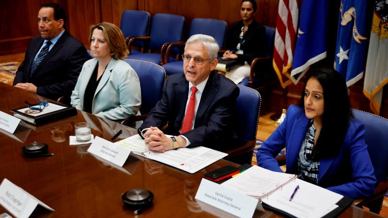 U.S. Attorney General Merrick Garland (C) speaks to reporters before meeting with (L-R) retired Pennsylvania State Police Major Mark Lomax, Deputy Attorney General Lisa Monaco, Associate Attorney General Vanita Gupta and members of the team that will conduct the critical incident review of the law enforcement reaction to the mass shooting in Uvalde, Texas, at the Justice Department headquarters on June 08, 2022 in Washington, DC.