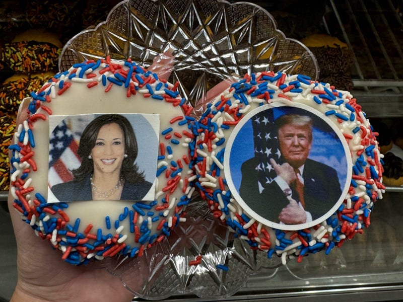 Moretti Bakery on Staten Island is selling election-themed donuts with pictures of both candidates on Election Day.