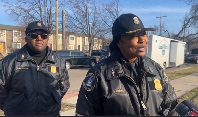 Detroit Deputy Chief Tiffany Stewart speaks to reporters about a barricaded situation at an apartment building on Wednesday, Feb. 8, 2023