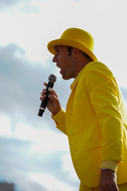 Savannah Banana owner and hype man Jesse Cole before their game at Dunkin' Donuts Park in Hartford, Aug. 14, 2023.